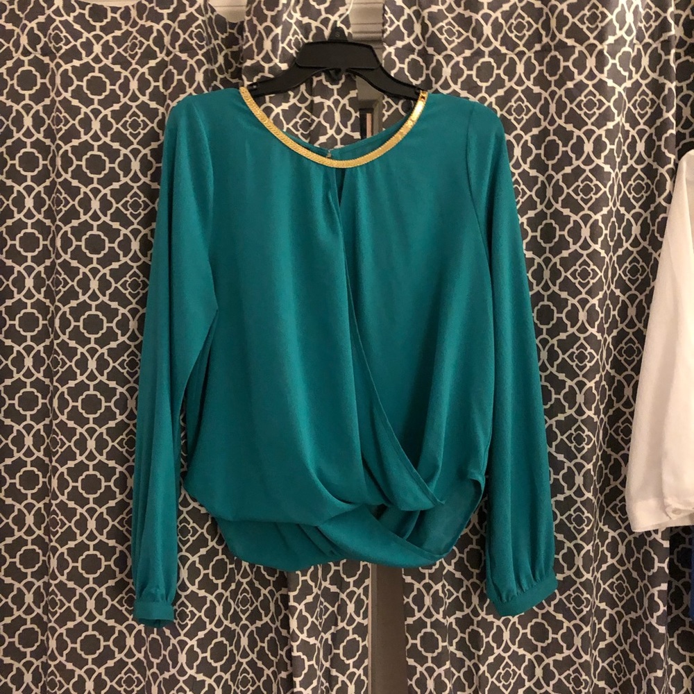 Teal shirt with gold neckline